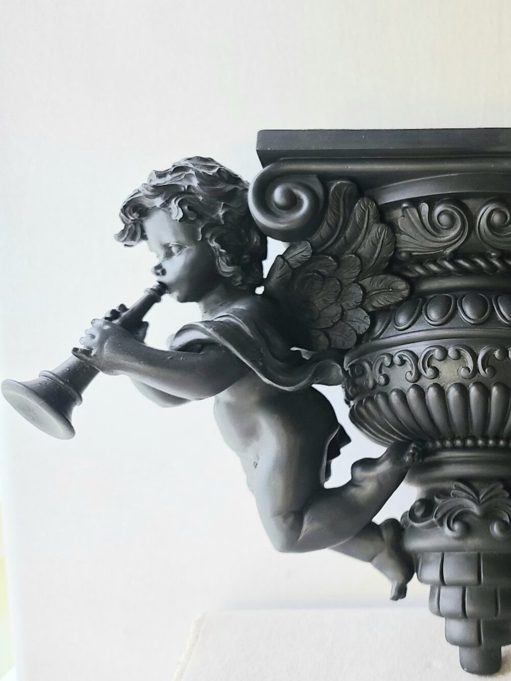 Chic Matte Black Baroque Cherub Angel Wall Plaque & Resin Pedestal Shelf